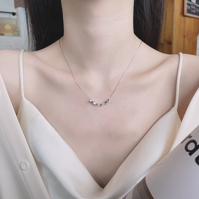 AISHALI 坠链均925银 几何扭扭小方块项链日韩版百搭小众锁骨链女