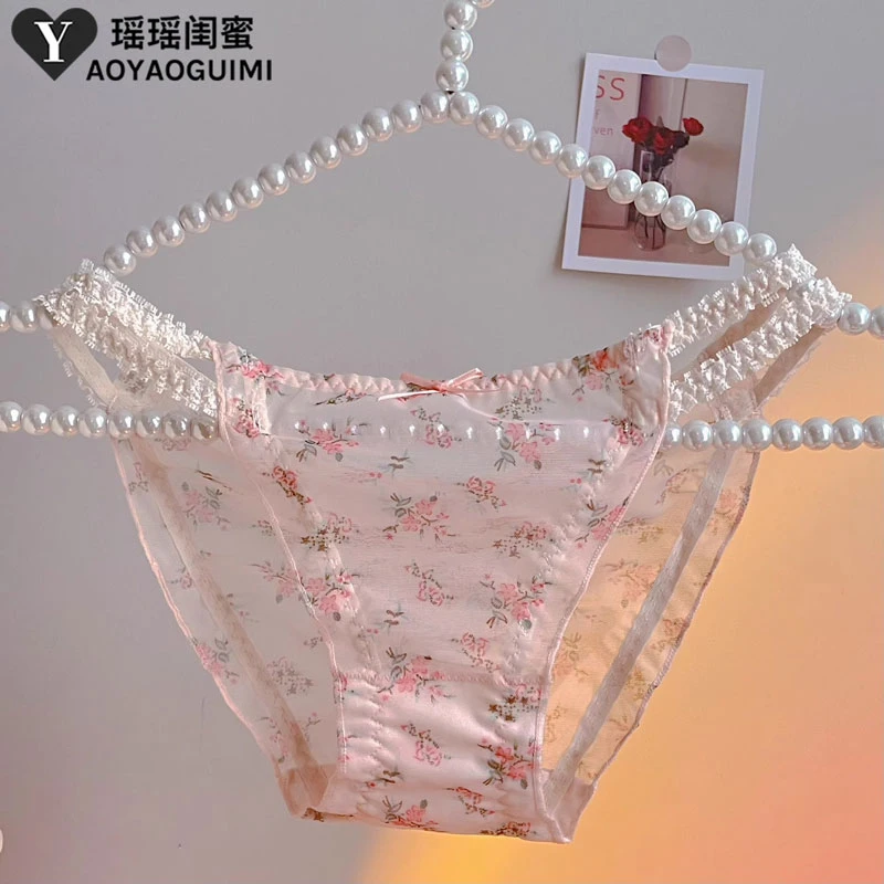 日系新款内裤女性感雪纺面料小碎花两边镂空甜美可爱蝴蝶结女士