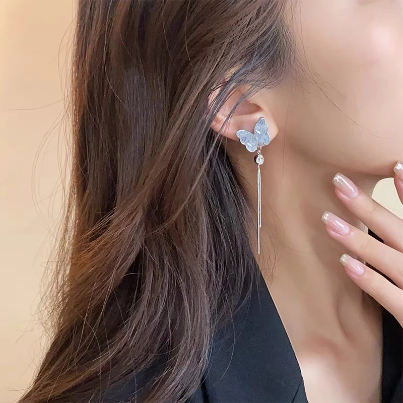 合金耳饰 蝴蝶流苏耳环渐变色小众设计感超仙长款耳饰