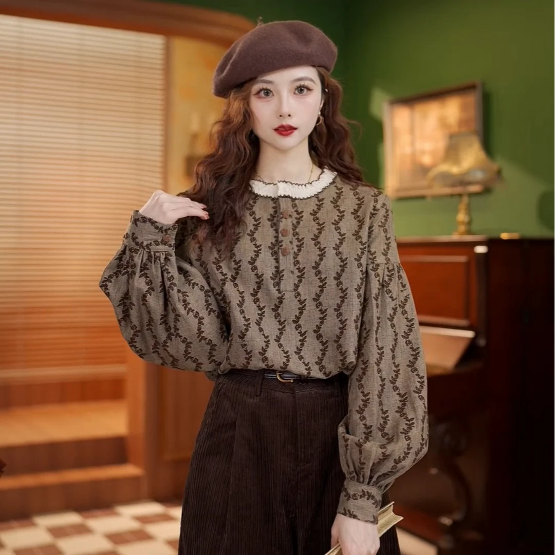 鹿晚不晚【戴安娜】复古时尚气质磨毛印花设计感衬衣LU1998036