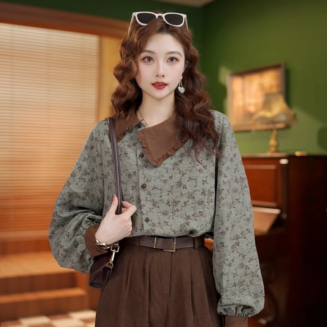 鹿晚不晚【英式典雅】复古拼色长袖衬衫女宽松设计上衣 JW0924460-1