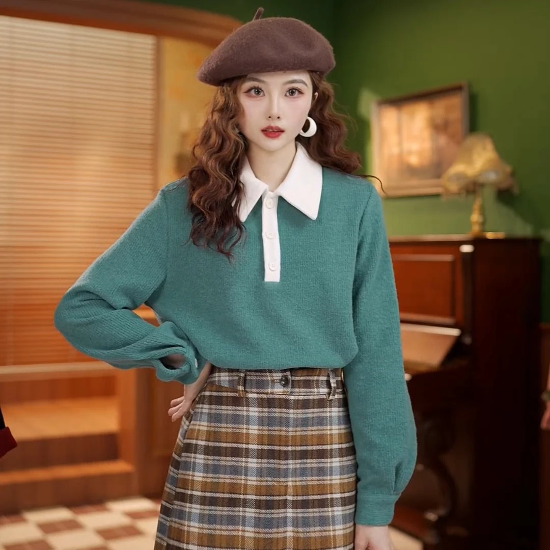 鹿晚不晚【月亮湖】纯色针织POLO领设计打底上衣LR3882071