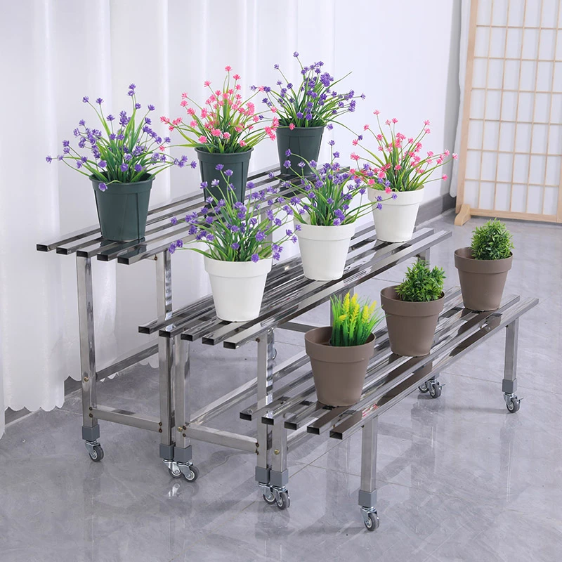 带轮可移动不锈钢花架阳台阶梯式植物架加厚多层架户外花盆架子