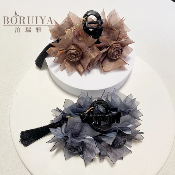 泊瑞雅新中式国风玫瑰花抓夹后脑勺鲨鱼夹