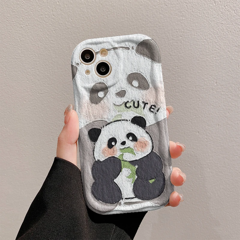 可爱熊猫曲边纹苹果15全包手机壳（华为oppo小米vivo）mate60软硅胶