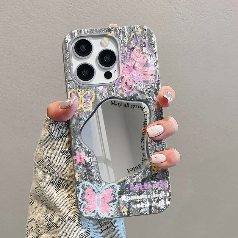 蝴蝶镜面苹果11/12/13/14/15手机壳oppo小米vivo华为mate60女