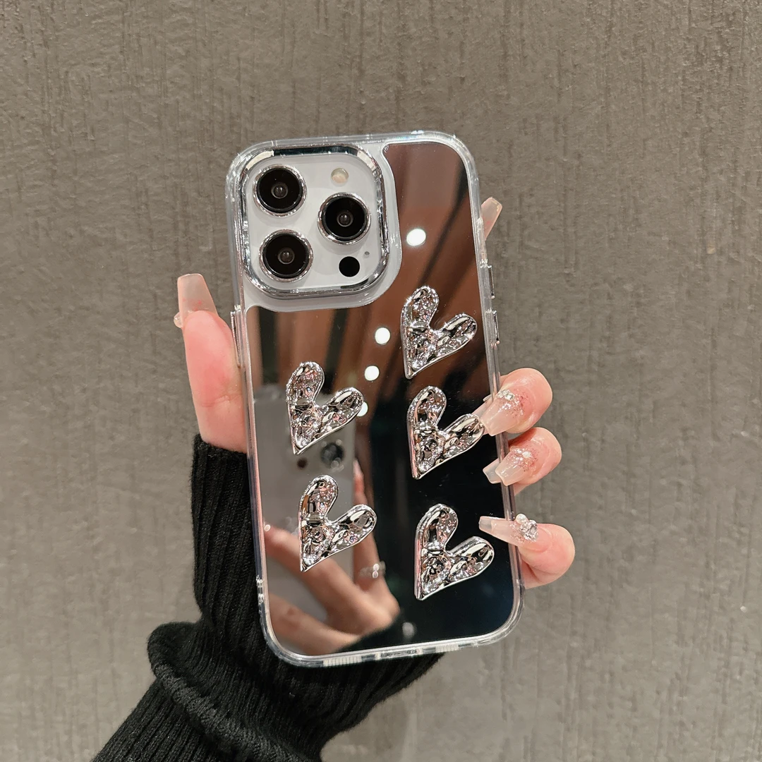 褶皱爱心二合一镜面适用苹果15pro手机壳iPhone14pro包边防摔13