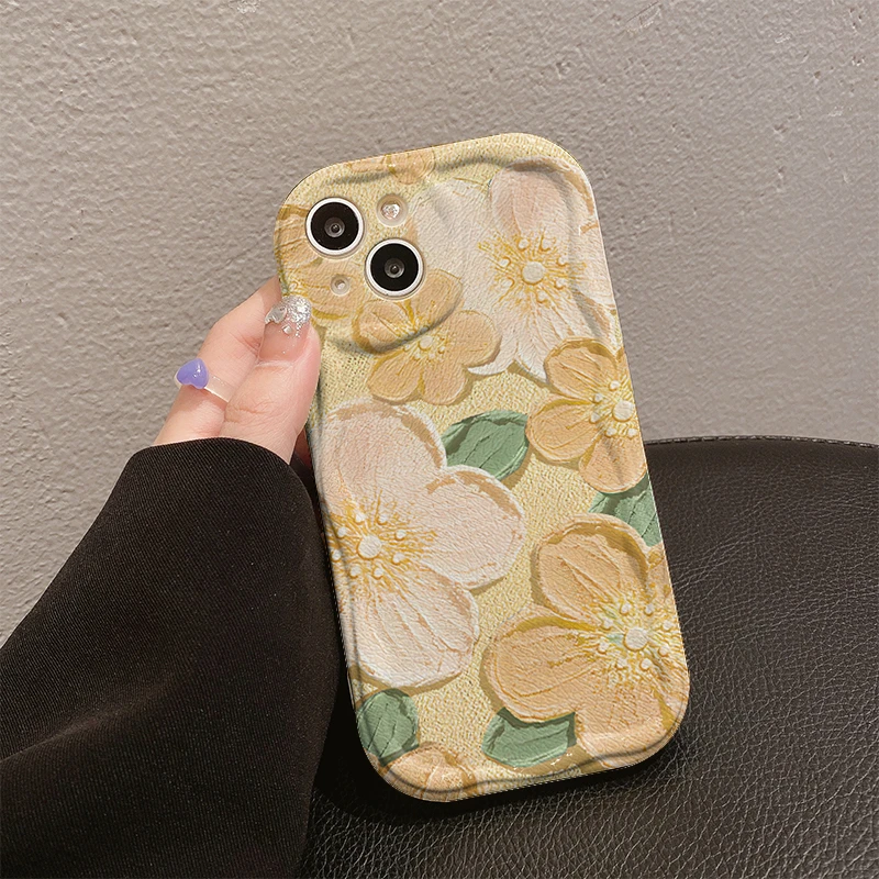 油画黄花曲边纹苹果15全包手机壳（华为oppo小米vivo）mate60硅胶女