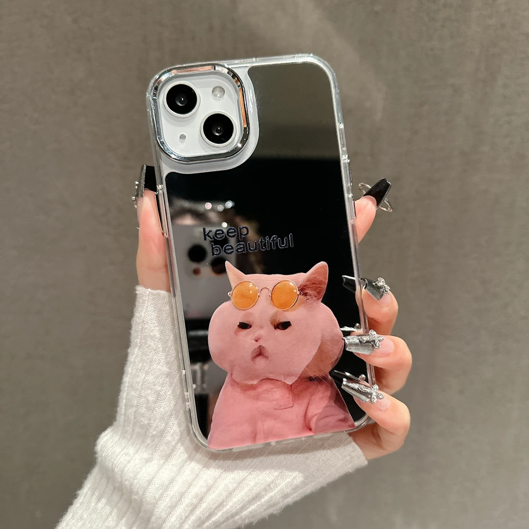面膜猫二合一镜面适用苹果15pro手机壳iPhone14pro包边防摔13/12