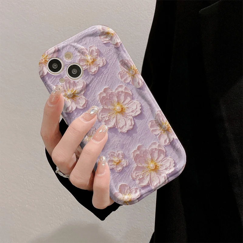 紫色油画花曲边纹苹果15全包手机壳(华为oppo小米vivo)mate60硅胶