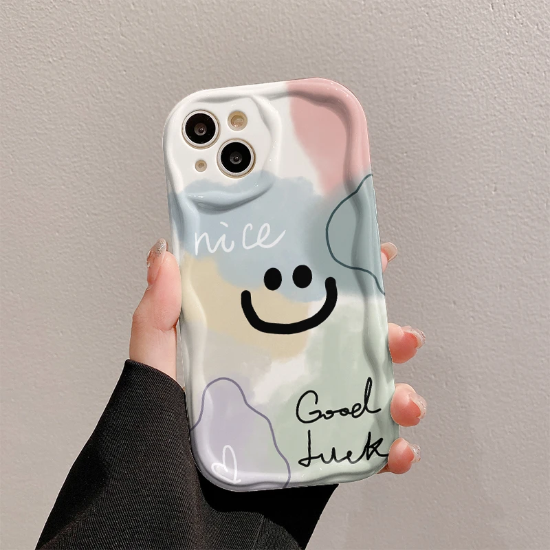 彩色笑脸曲边纹苹果15全包手机壳（华为oppo小米vivo）mate60软硅胶