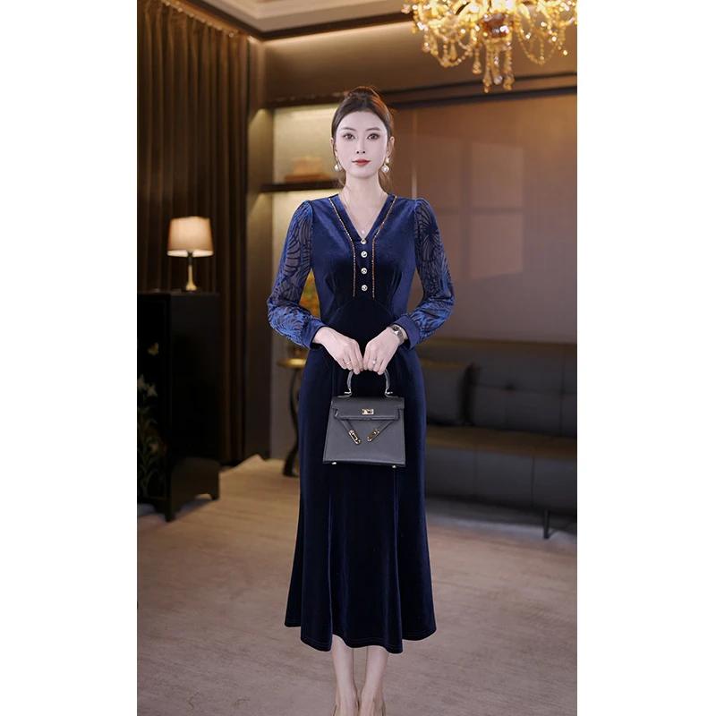 2024连衣裙女气质修身高端包臀裙蓝色大气一步裙新款长袖92111