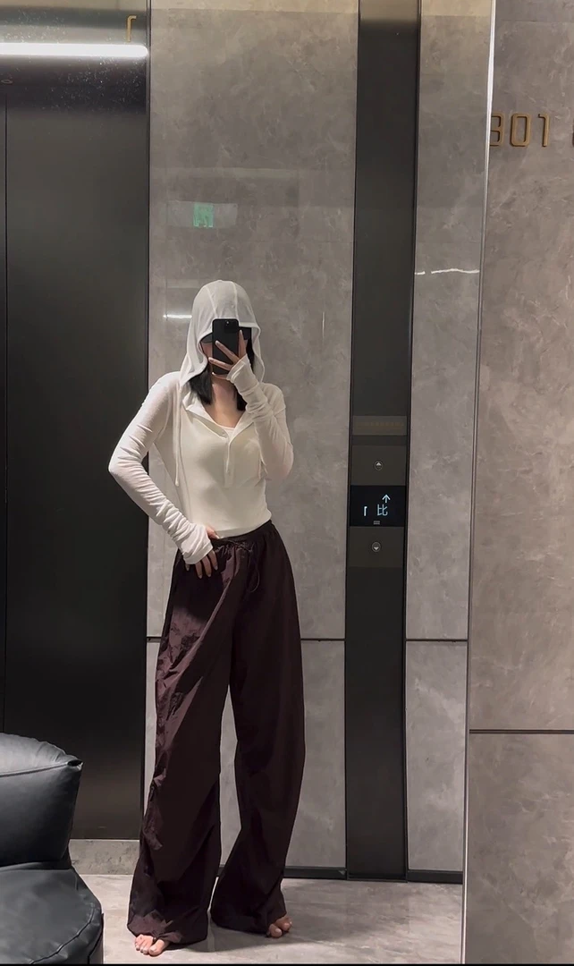 LALIN2024s 简约纯色宽松直筒降落伞工装裤松紧腰防晒冲锋长裤