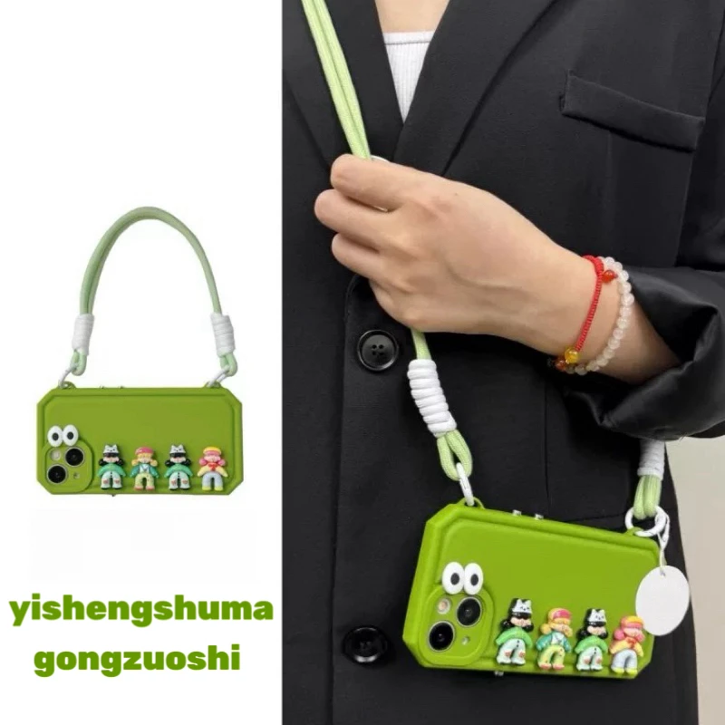 芥末绿趣味立体女孩公仔适用iphone16苹果15手机壳14侧背13手提绳
