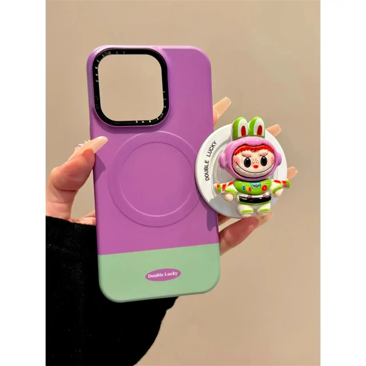 ins风磁吸拼色拉布布支架适用16promax手机壳15pro简约14卡通13女