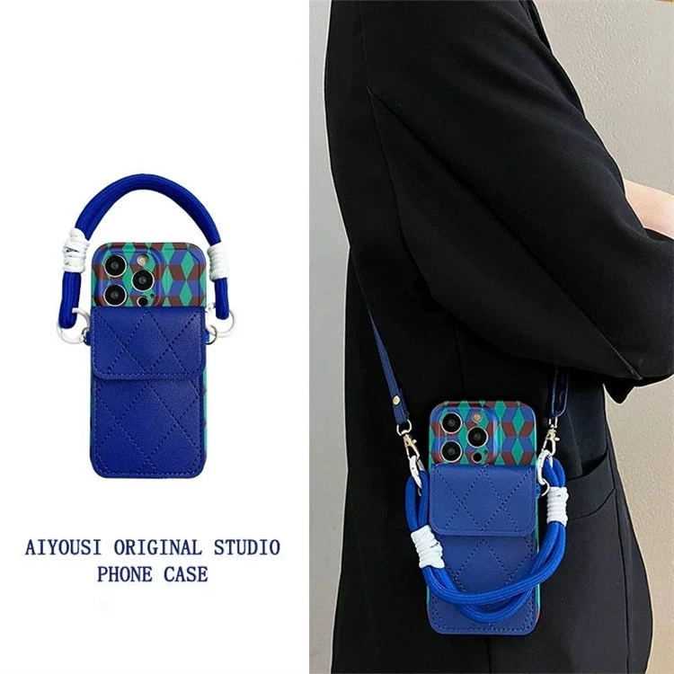 复古撞色深蓝卡包手提绳适用苹果16手机壳iPhone17promax斜挎15女