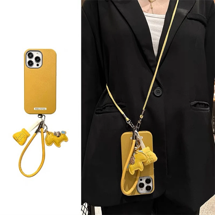 韩系纯色皮质小飞马钱袋手绳适用苹果16promax手机壳15/14pro情侣