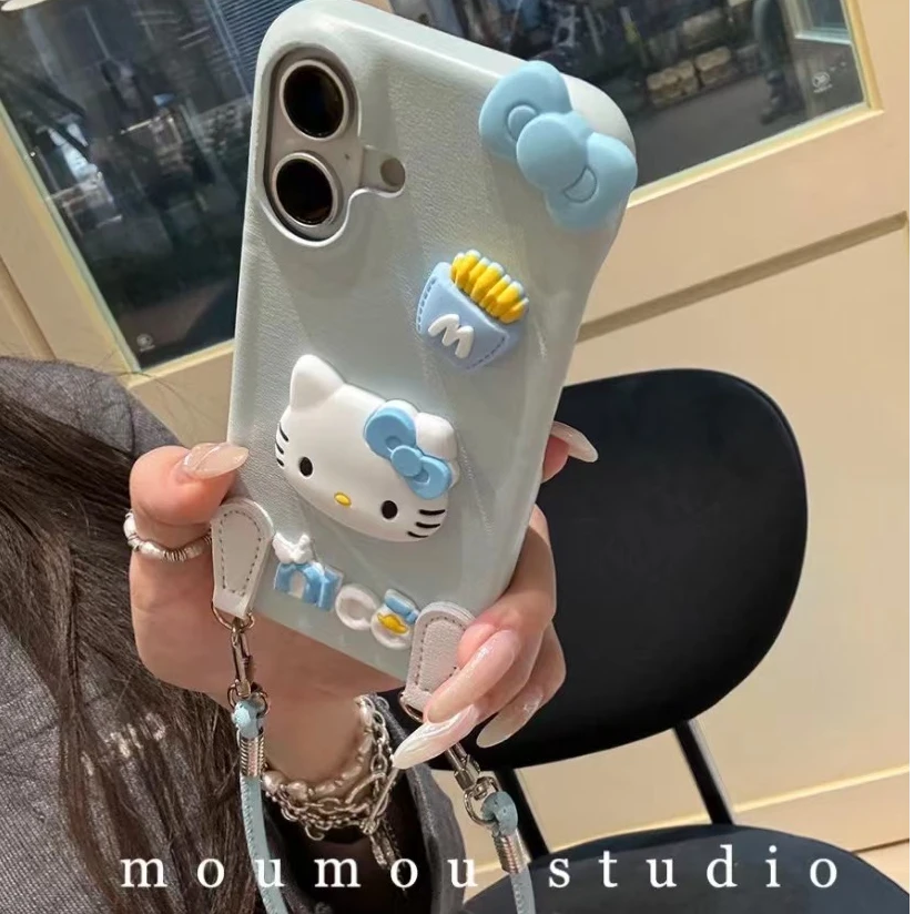 baby蓝皮纹立体猫咪蝴蝶结适用苹果16promax手机壳iPhone15手绳14