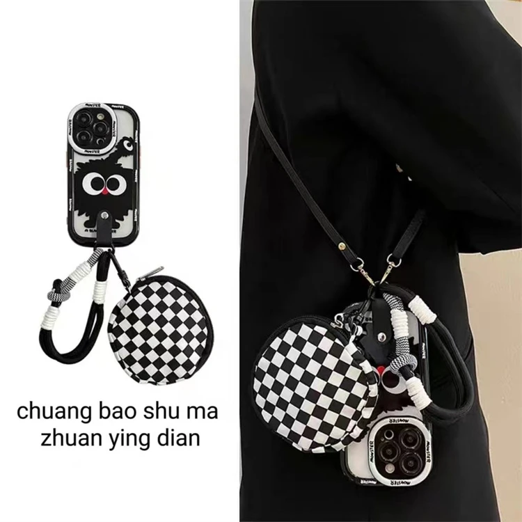 潮流黑煤球棋盘格耳机包华为mate60手机壳mate50pro手绳P60小众女
