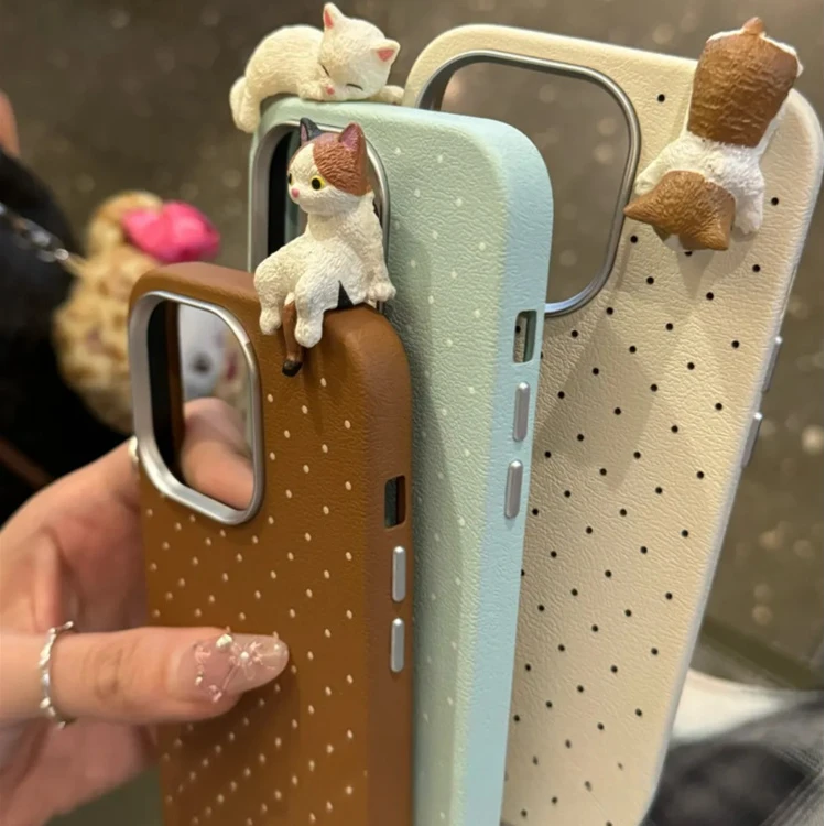 皮纹波点立体猫咪适用于苹果16promax手机壳15创意14个性13情侣款