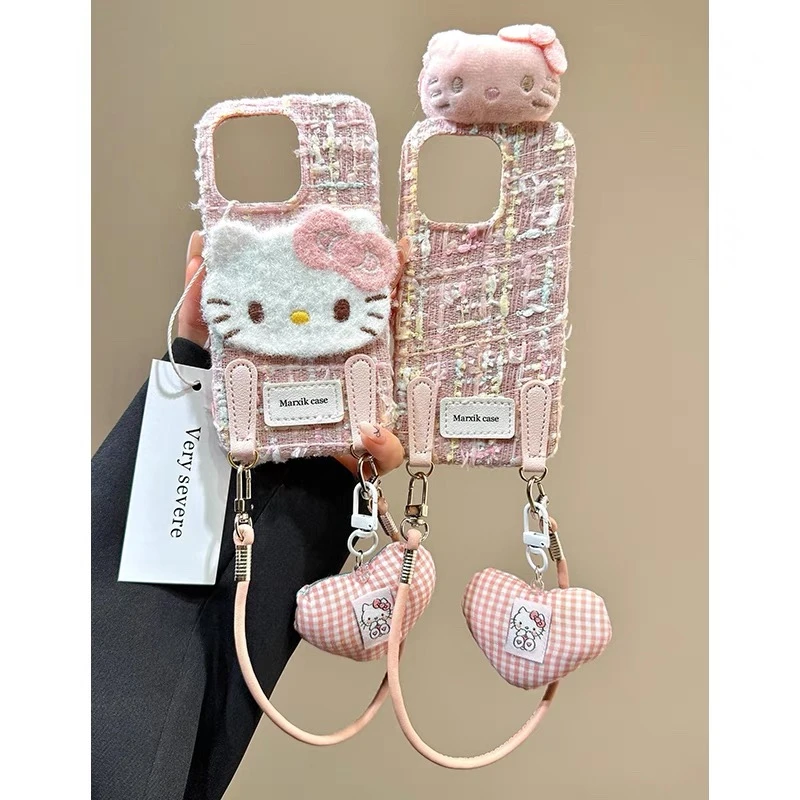 粉编织小香风Kitty猫挂绳适用苹果16promax手机壳15promax/14/13