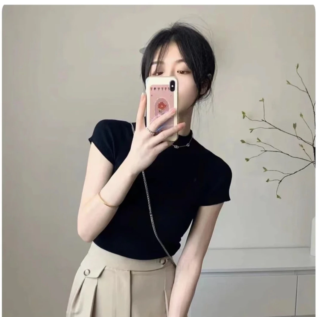 （飞飞袖）弹力棉修身显瘦气质贝壳领时尚百搭打底上衣女夏季中领女