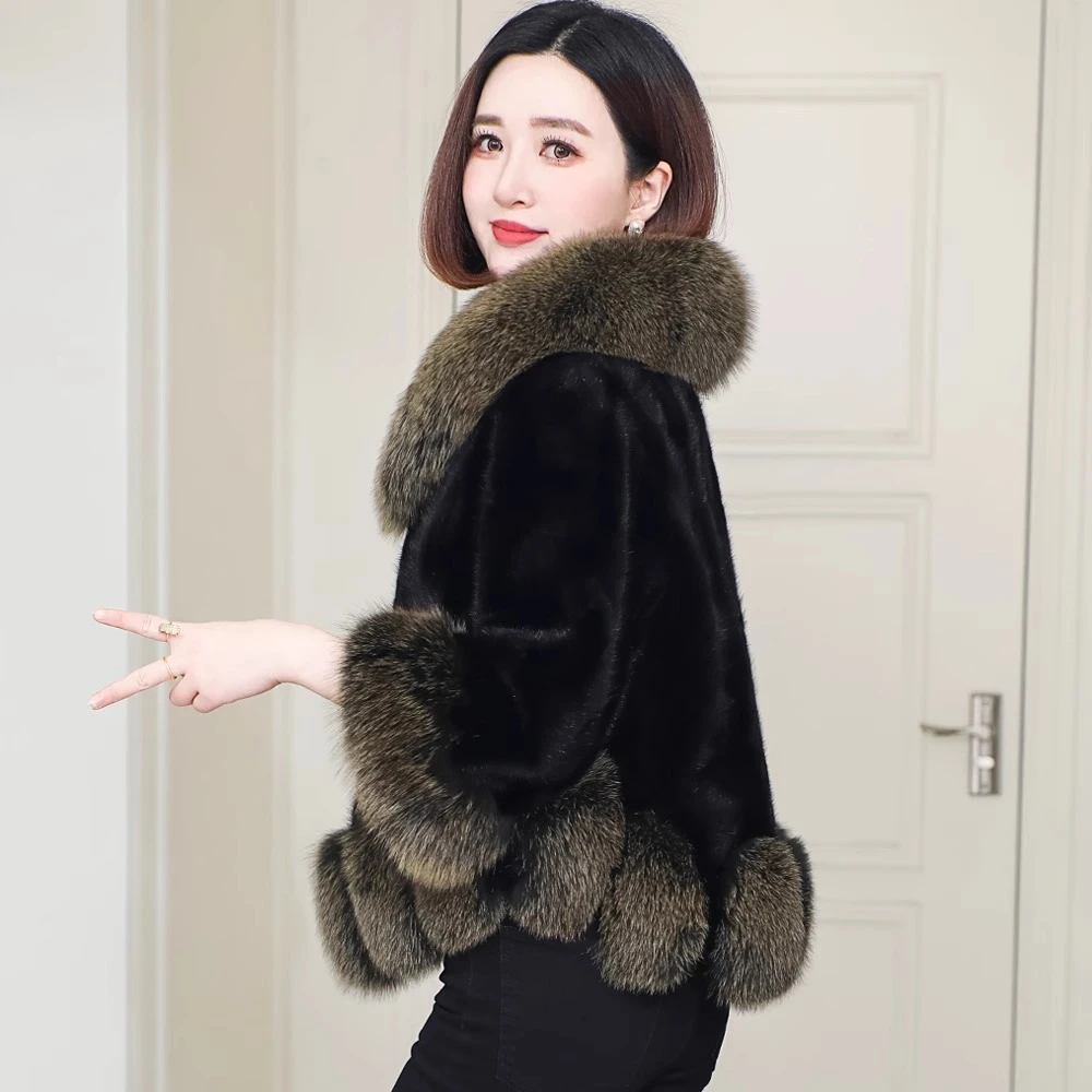 海宁进口貂皮大衣女水貂短款狐狸毛领时尚整拼貂皮草外套2025新款