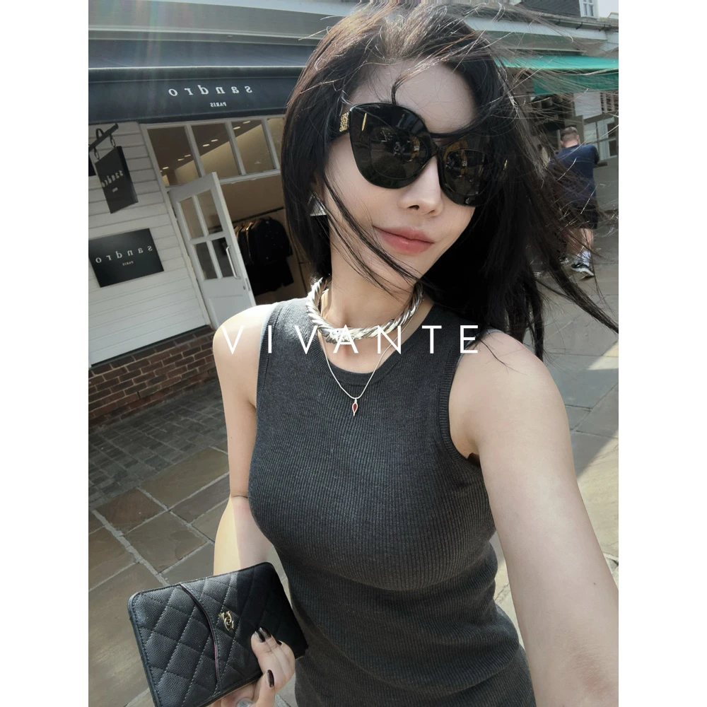 PENNY PENG百搭伴侣辣妹显瘦修身春季无袖网红性感灰色极简背心