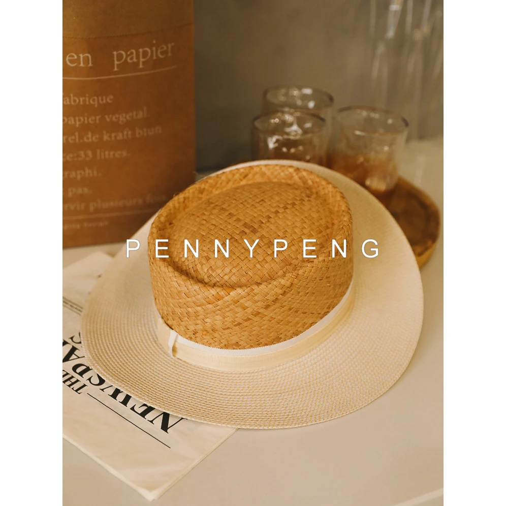 PENNYPENG度假早春时尚设计感编织草编本色拼混白凹顶拉菲草草帽
