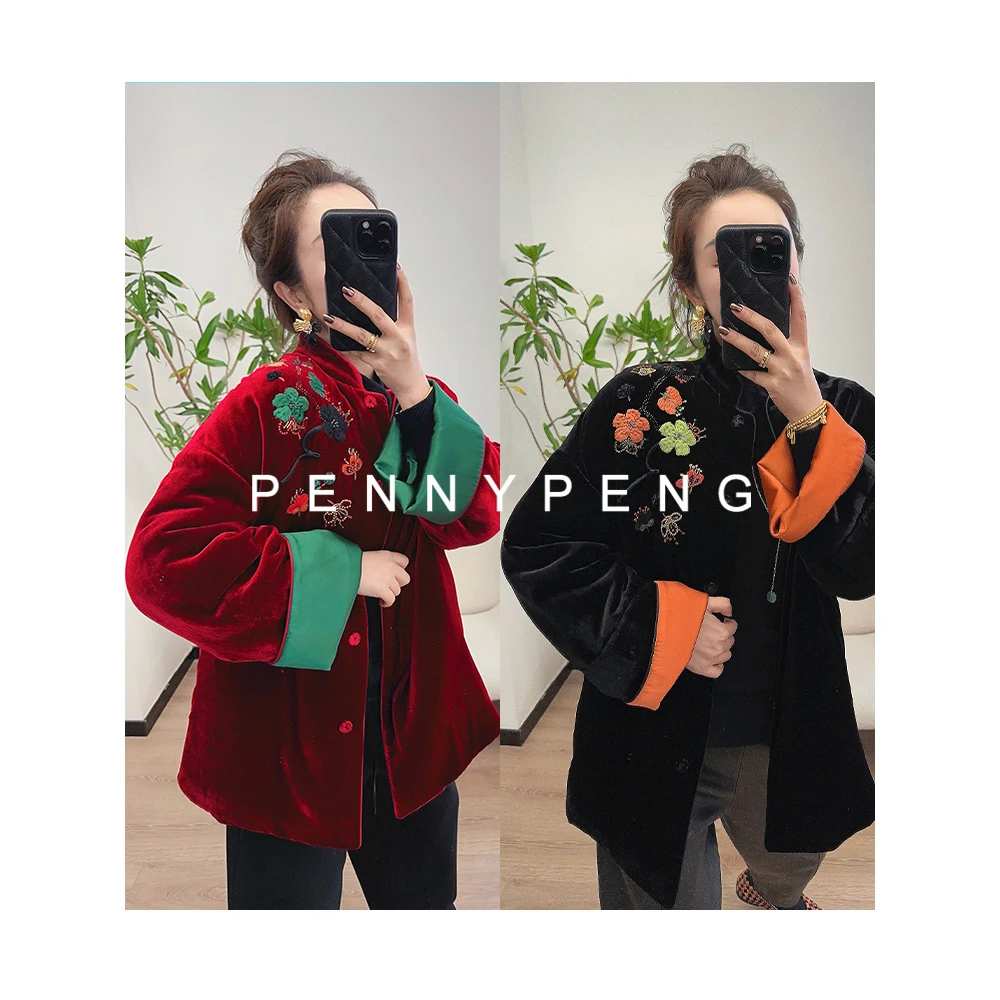 PENNY PENG蝶恋花早春两色重工手绣丝绒丝缎拼接夹棉外套 DF01112