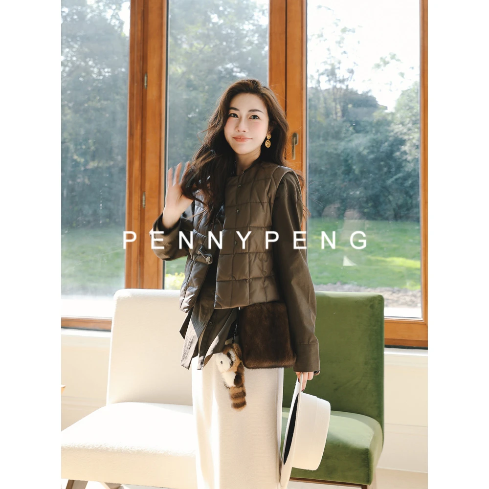 PENNY PENG “半慕温存” 咖色羊皮鹅绒马甲 DT08043