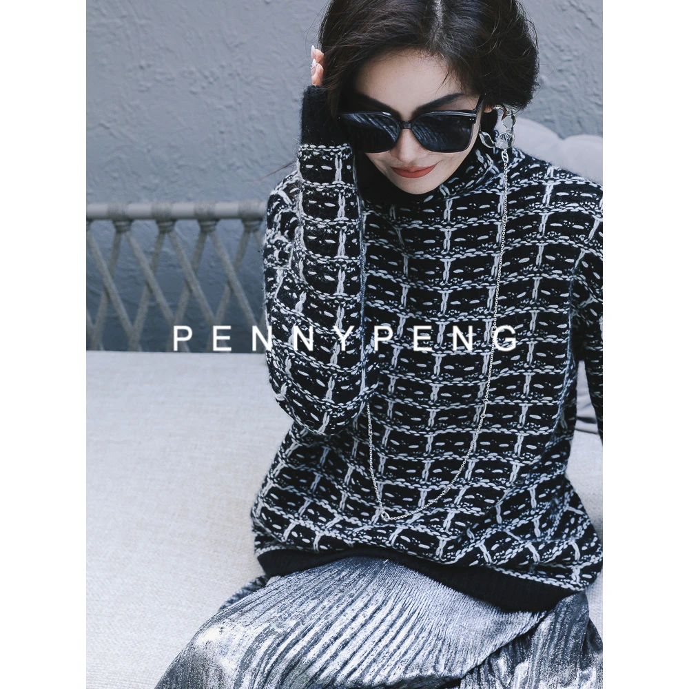 PENNYPENG查收C位时尚休闲百搭黑白格提花纯*绒高领早春套头毛衣