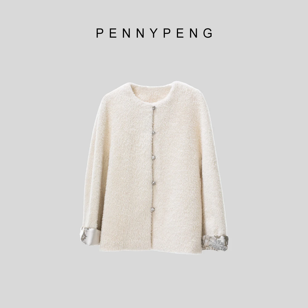 PENNYPENG锁清秋气质清冷短款开衫绵羊毛新中式蝉意独特白色外套