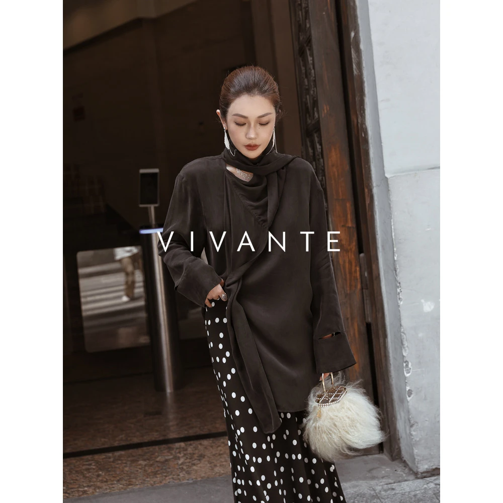 PENNY PENG精致女郎【现货】春季立领显瘦黑色铜氨丝飘带长袖衬衫