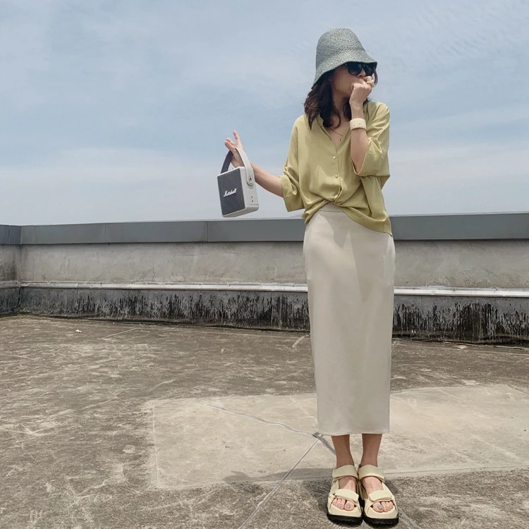 PENNYPENG自制时髦纸片感显瘦网红高级醋酸后开叉包臀裙 半身裙