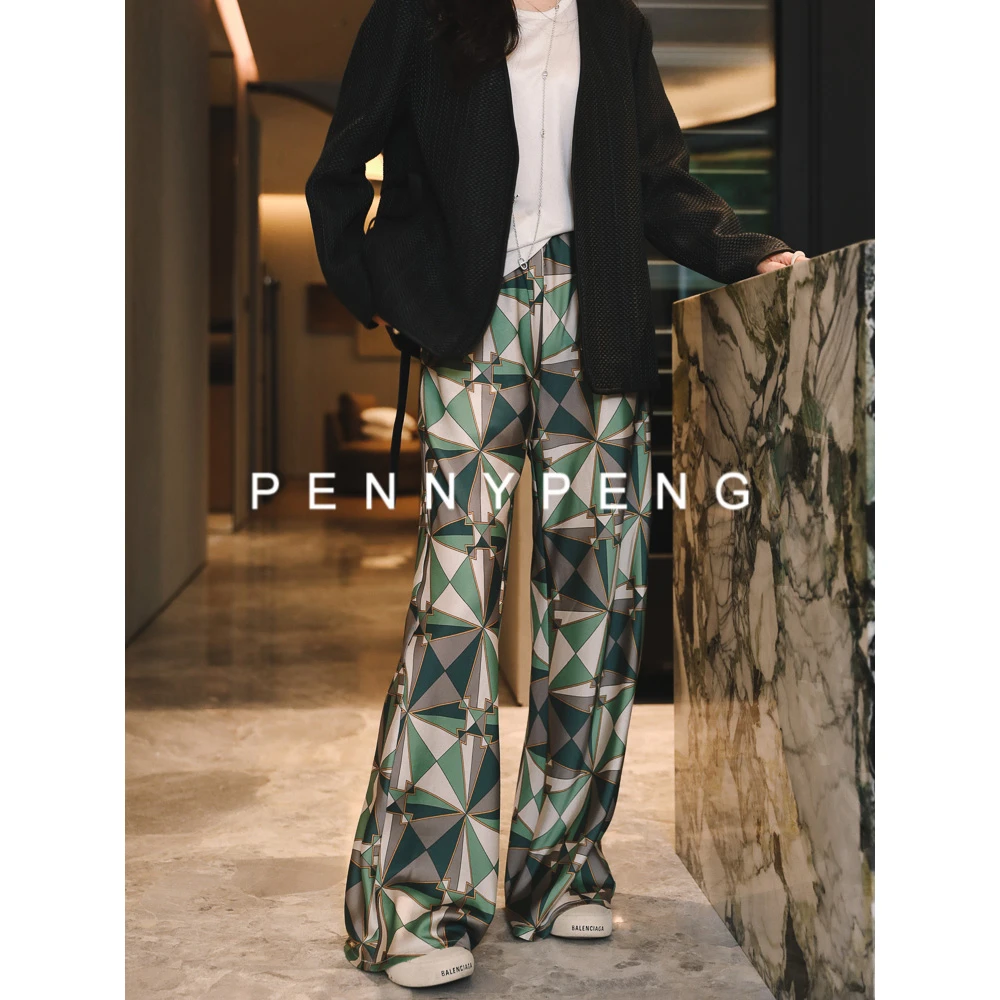 PENNY PENG露台绿茵早春休闲宽松百搭彩色几何印花松紧腰直筒裤