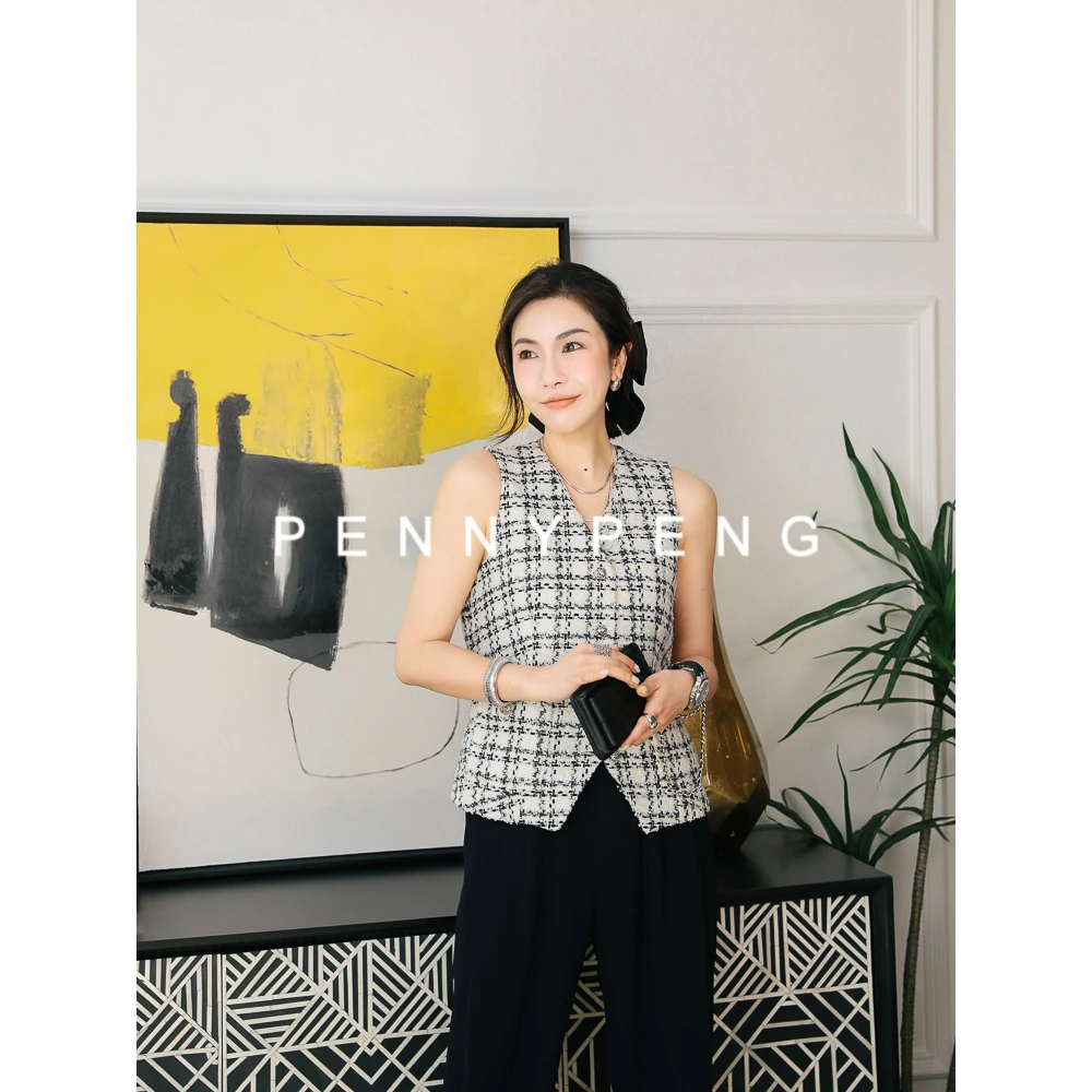 PENNY PENG印象派【现货】春季显瘦气质时尚修身设计感短款格纹马甲