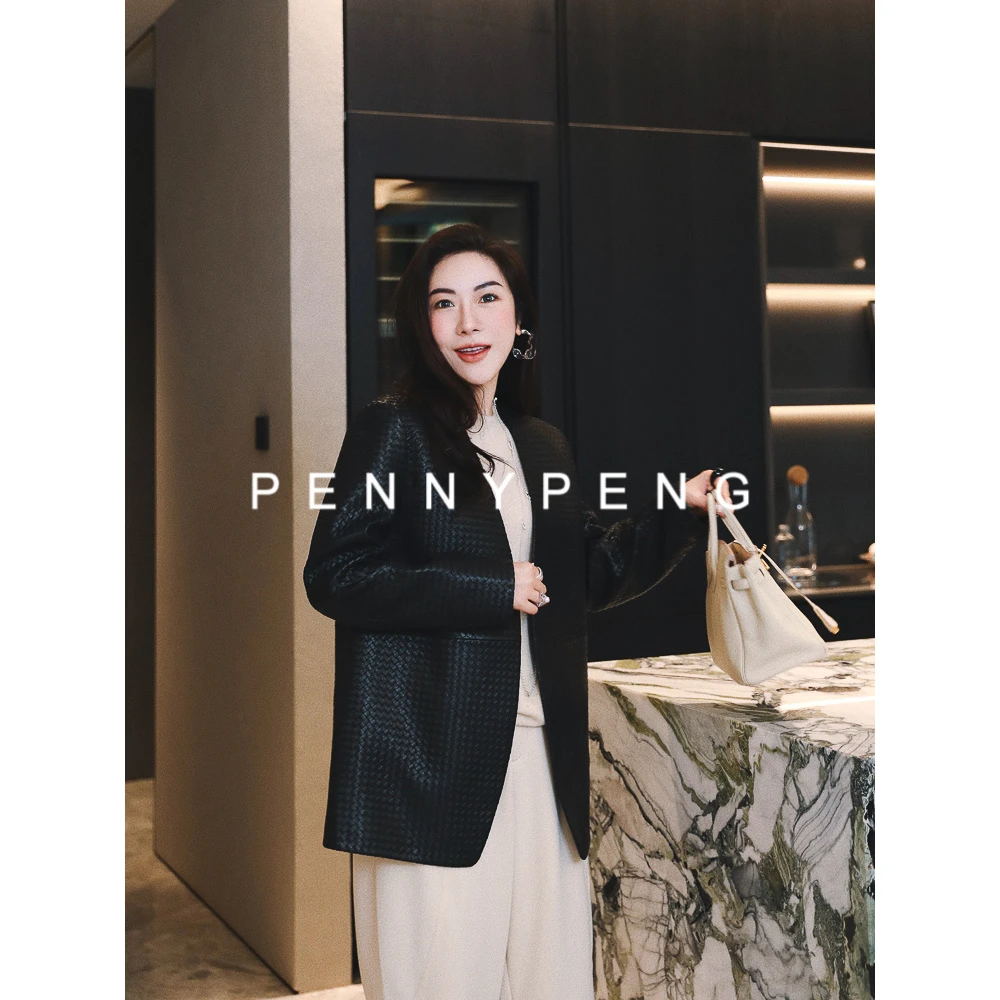 PENNYPENG格调蔓延气质时尚洋气宽松早春百搭格编织无领皮西装