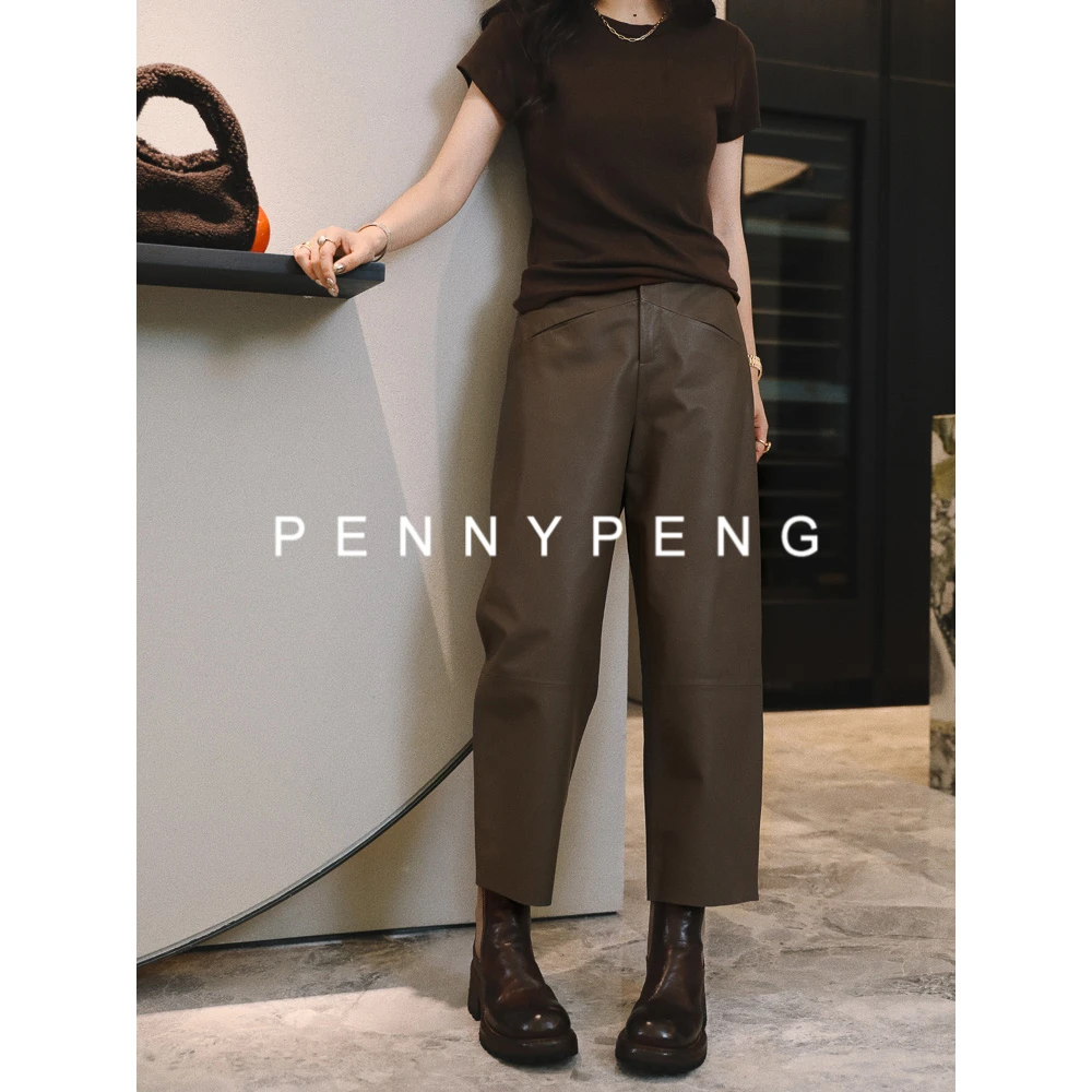 PENNYPENG摩登潮流春游出行显瘦裤小众钩门襟前插袋气质百搭皮裤