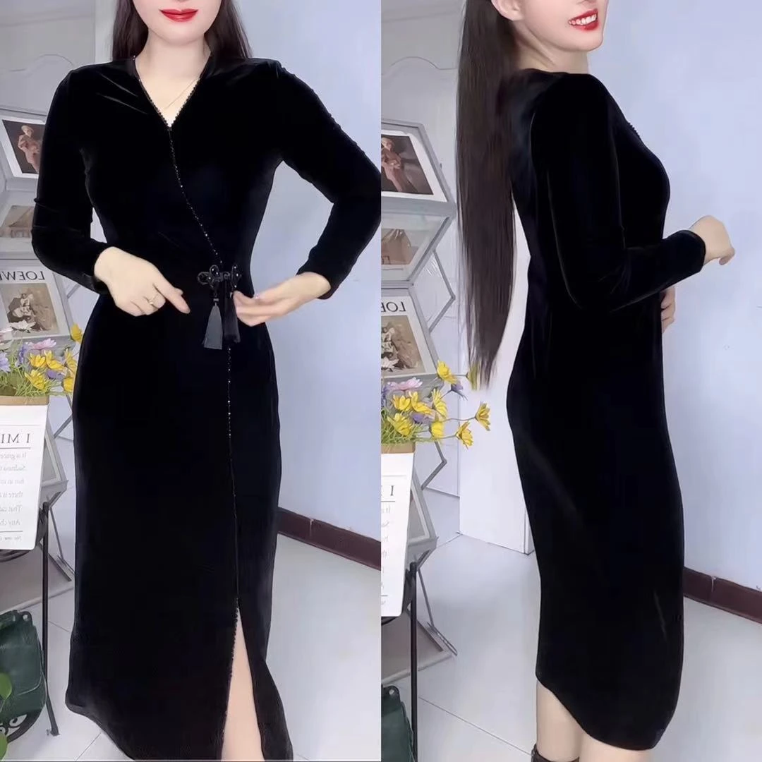 修身时尚长袖气质显瘦长款裙子