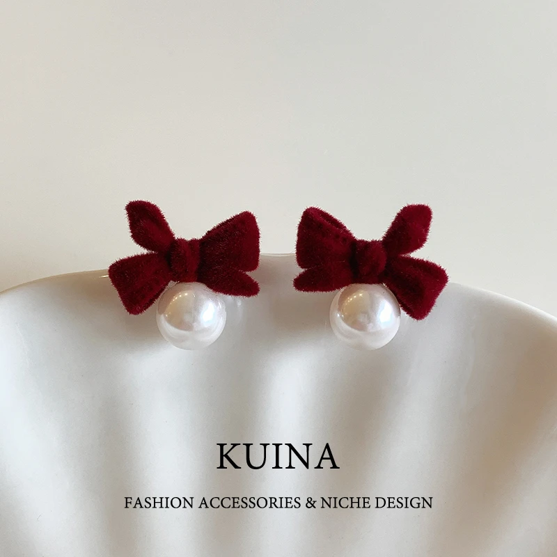 铜合金耳饰 红色蝴蝶结珍珠耳钉秋冬丝绒法式高级感耳环耳饰51539