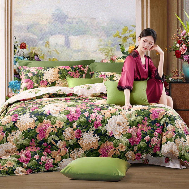 富安娜法式风复古风纯棉斜纹全棉印花亲肤四件套情人节新塞纳舞曲