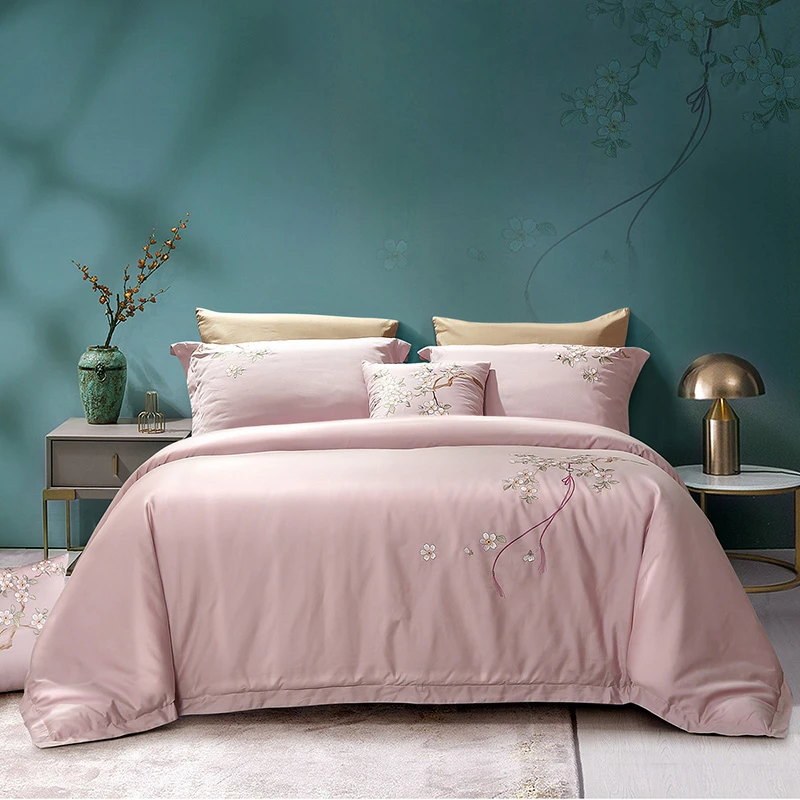 富安娜优选60支长绒棉贡缎刺绣花高档床上四件套全棉纯棉床单被套
