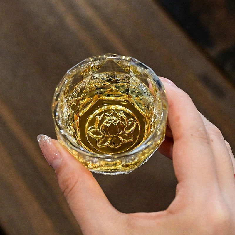 水晶玻璃钻石切割莲花主人杯金箔绿松石喝茶品茗杯功夫加厚小茶杯