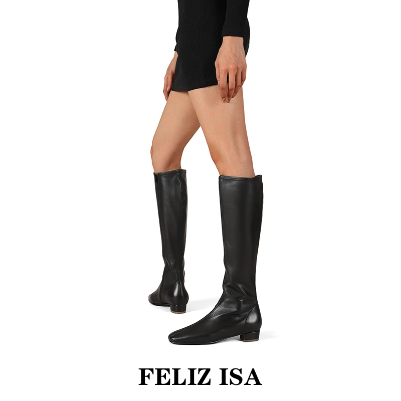 【FELIZ ISA弗尼日 伊莎】秋季慵懒风方头增高真皮长靴女靴