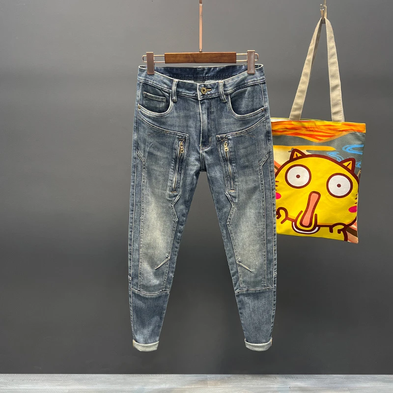 2023春秋季潮牌水洗拉链牛仔裤男士修身小脚弹力机车时尚潮流裤子