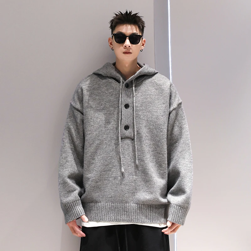 有术复古灰色重磅连帽毛衣男款秋冬加厚慵懒风情侣宽松针织衫外套
