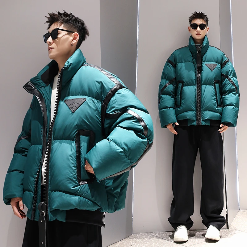 有术90白鸭绒拼皮立领羽绒服男款冬季加绒加厚潮牌设计感休闲外套