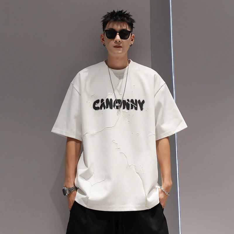 有术裂纹潮牌T男新款夏季美式高级男重磅休闲宽松短袖印绣圆领t恤