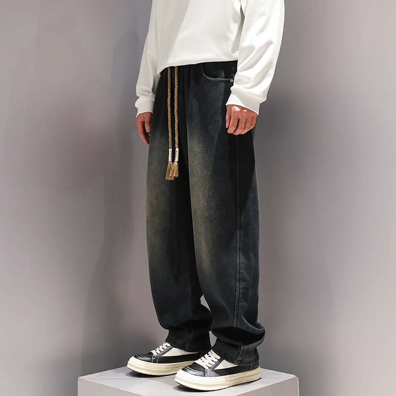 有术复古水洗牛仔裤男冬季加绒加厚2024新款潮牌宽松重磅休闲裤子